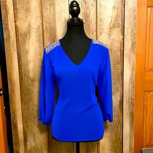 Charlotte Russe Royal Blue v-neck Blouse 3/4 Sleeve Beaded Relaxed top size M